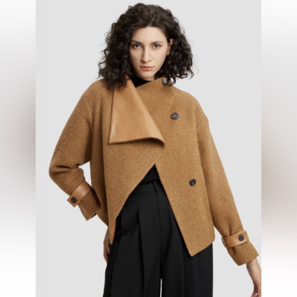 Lattelier cropped camel colored wool and faux leather jacket